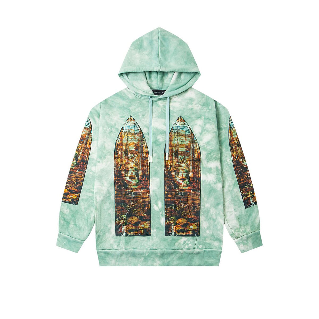 WHO DECIDES WAR Gothic Window Graphic Hoodie Green Unisex Oversized Streetwear Pullover