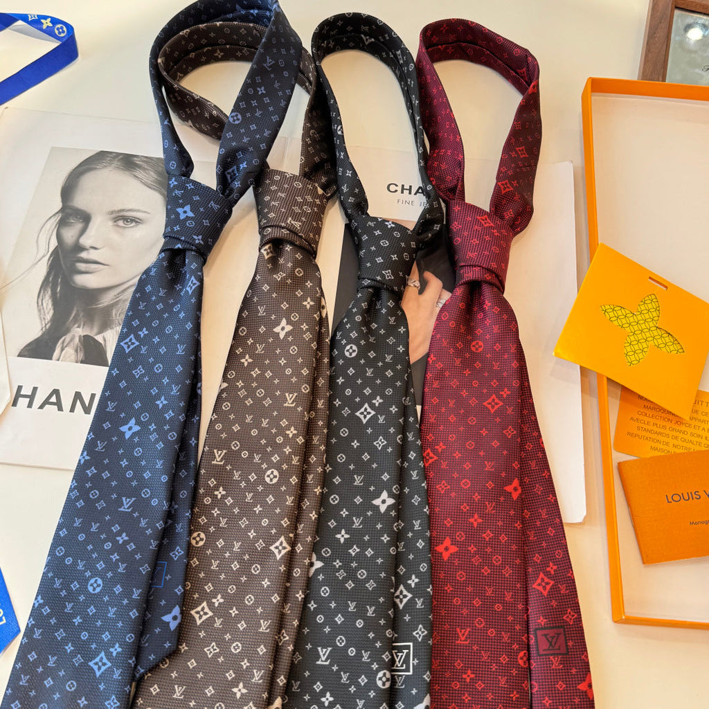 Louis Vuitton Style Men's Monogram Flower Silk Tie