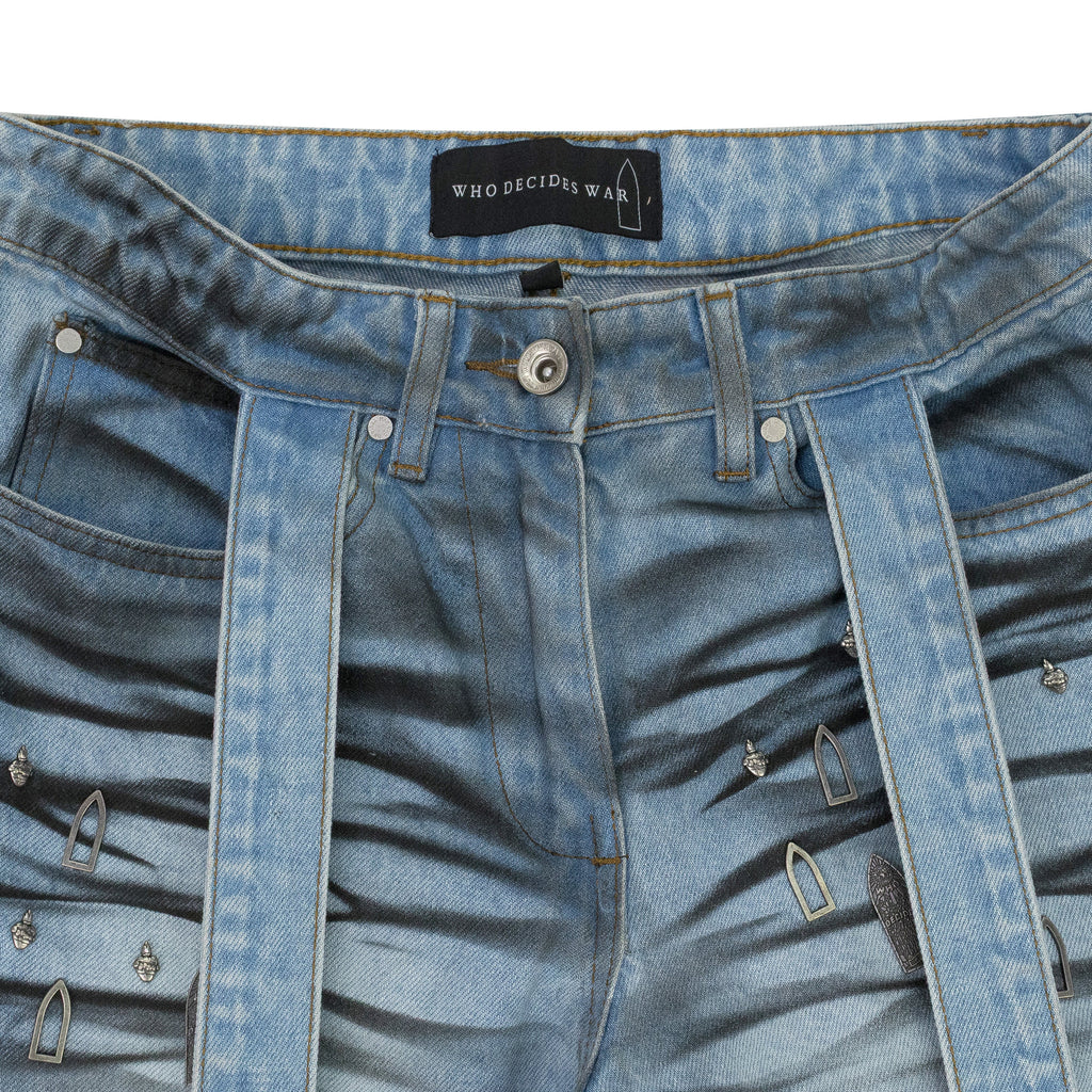 BLUE STRIPE BONDAGE WIDE-LEG JEANS