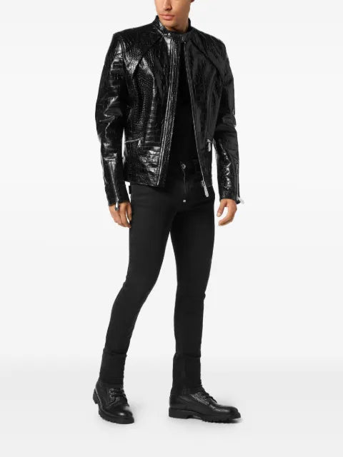 Philipp Plein leather moto jacket Cocco print