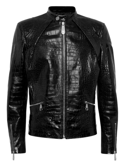 Philipp Plein leather moto jacket Cocco print