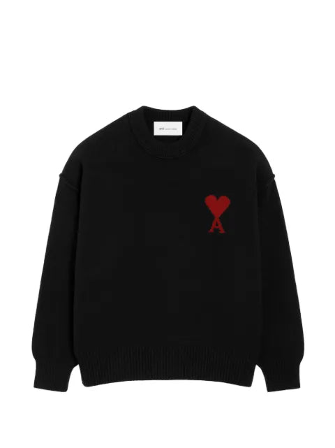 AMI Paris black crewneck wool sweater with Ami de Coeur