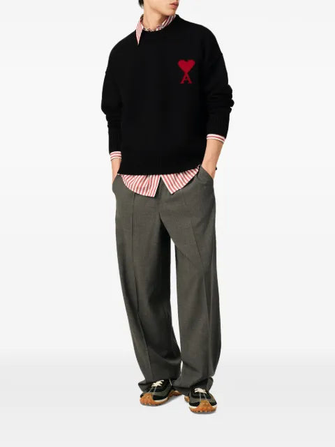 AMI Paris black crewneck wool sweater with Ami de Coeur
