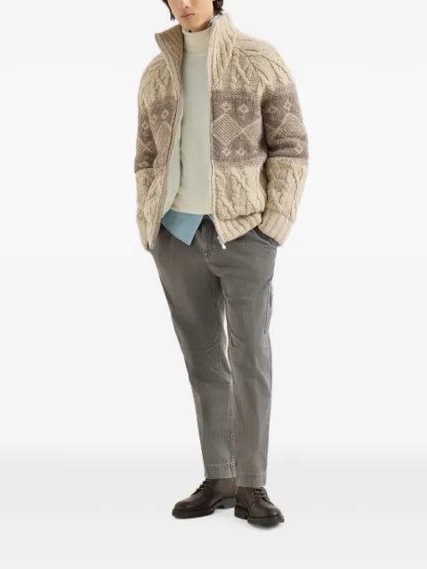 Brunello Cucinelli virgin wool, silk and cashmere cable knit down jacket with intarsia