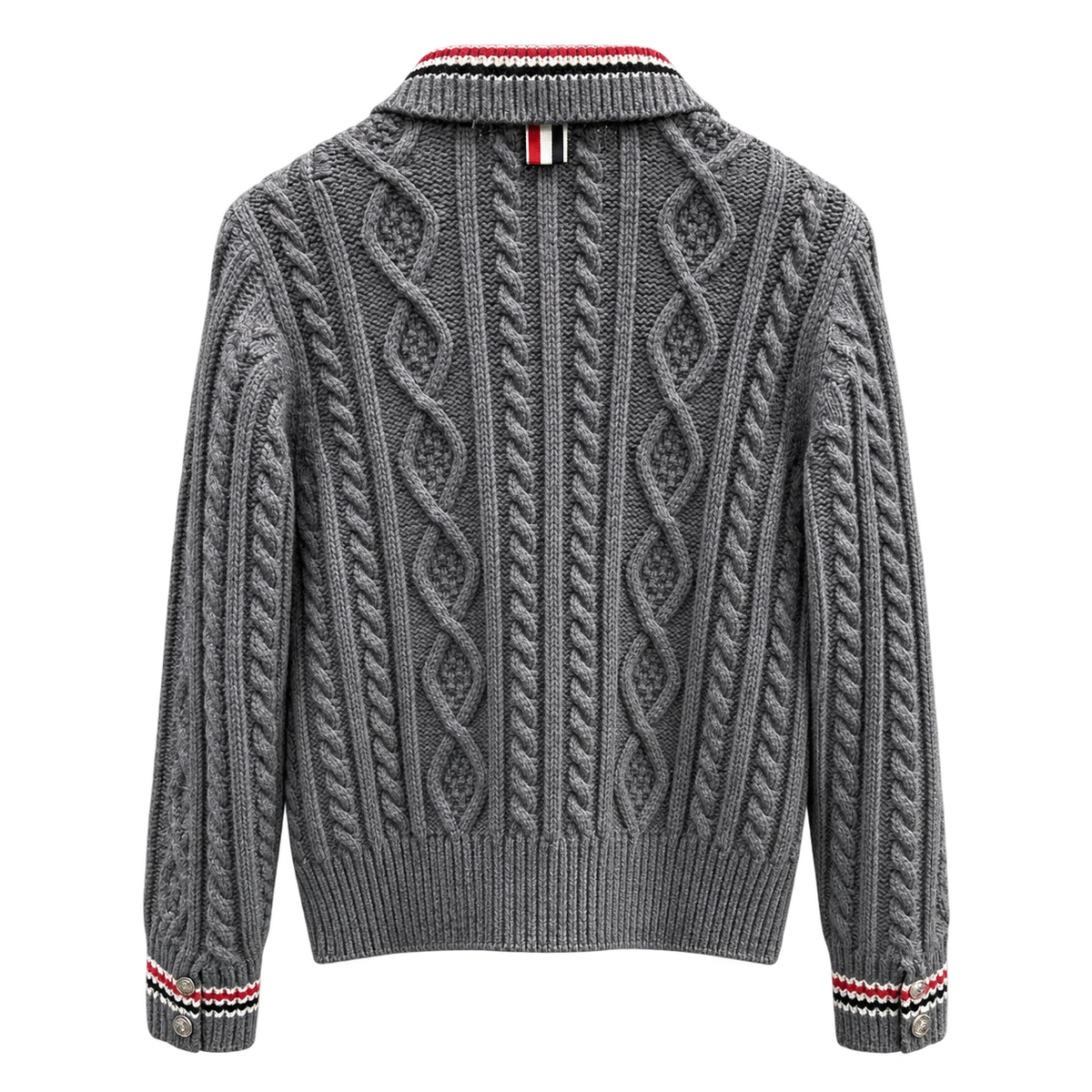 Thom Browne Style Gray Cable-Knit Collared Cardigan