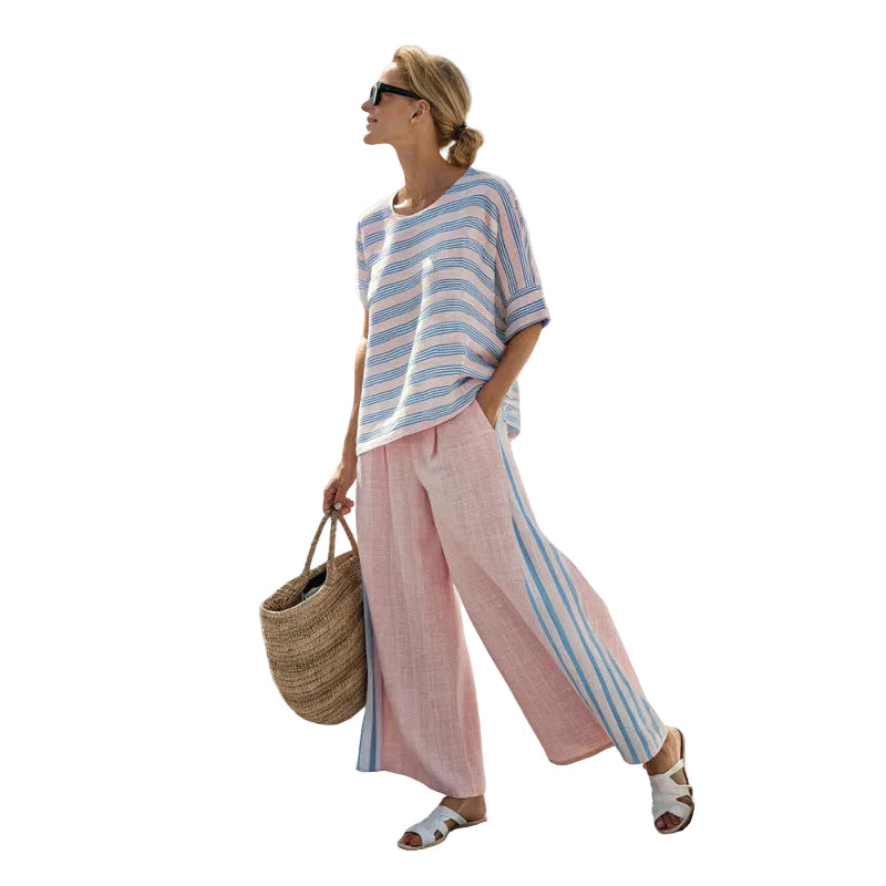 Women Boho Striped Print Round Neck Short Sleeve Wide Leg Beach Set