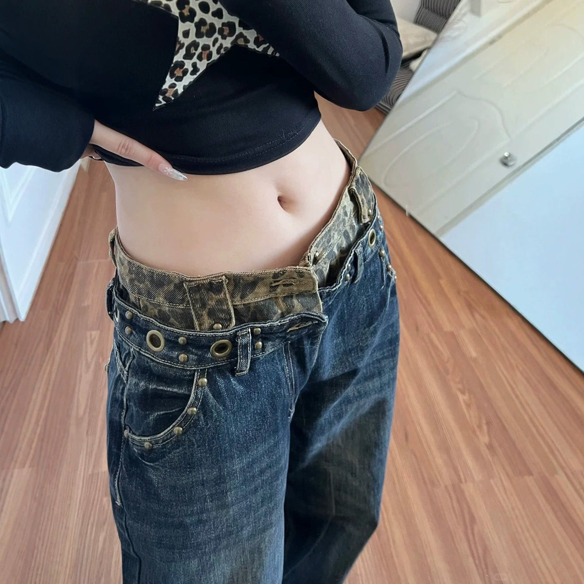 American Vintage Leopard Patchwork High Waist Wide Leg Denim Jeans