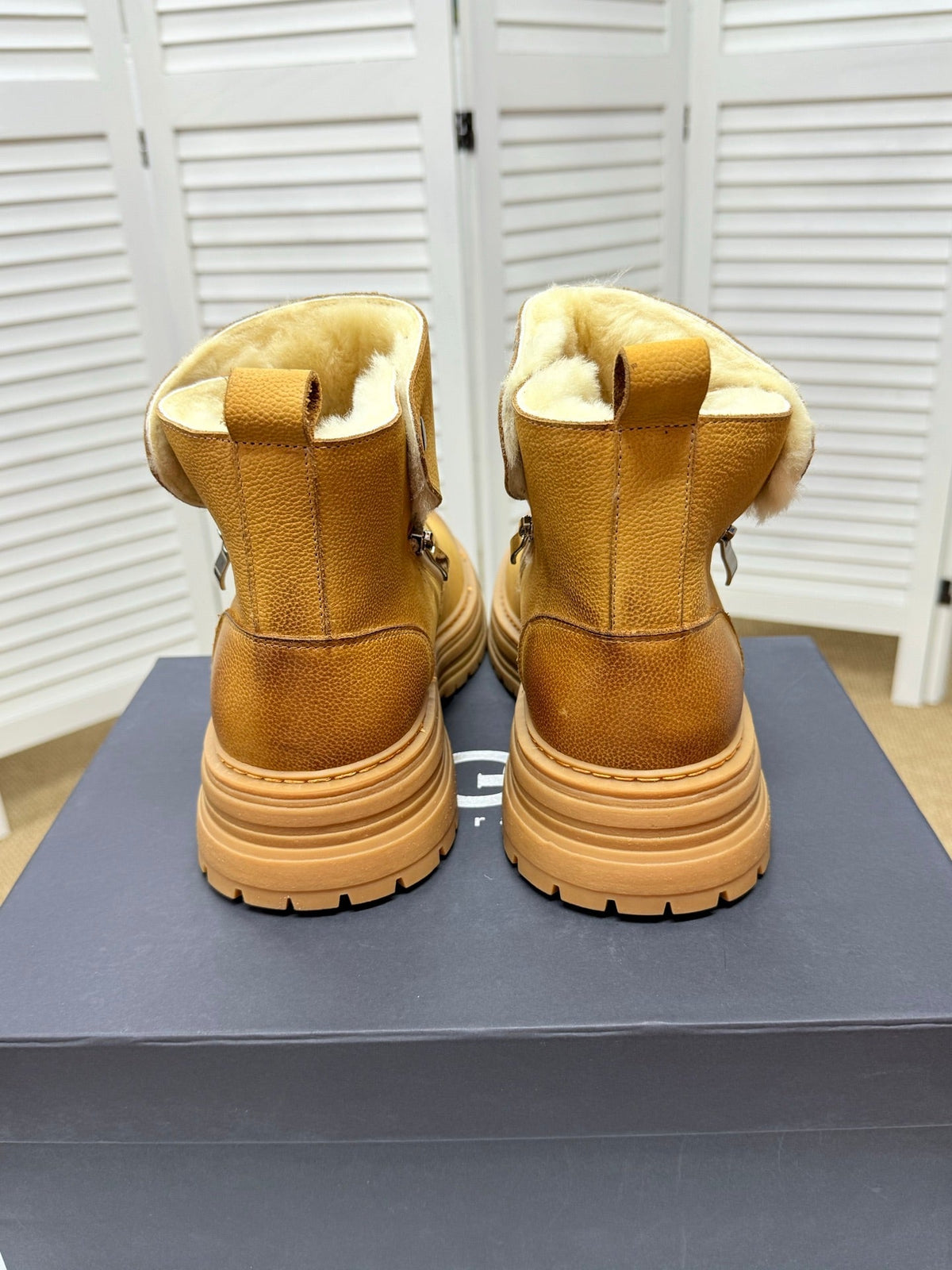 UGG Chestnut Shearling-Collar Leather Boots