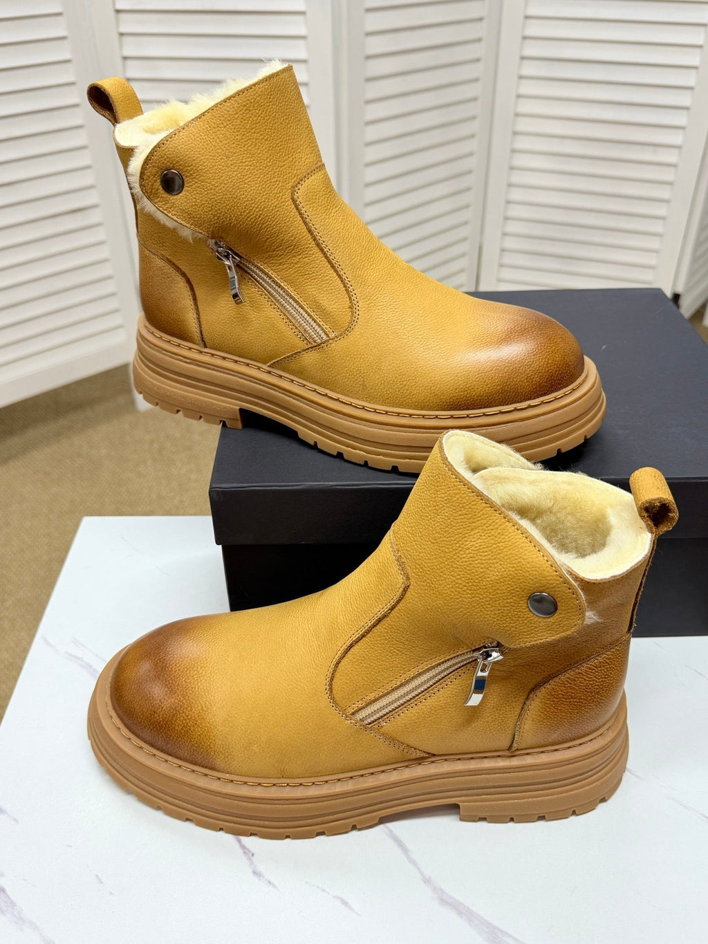 UGG Chestnut Shearling-Collar Leather Boots