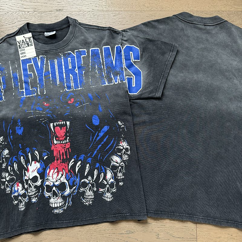 VALE USA Panther & Skull Washed Black Graphic T-Shirt