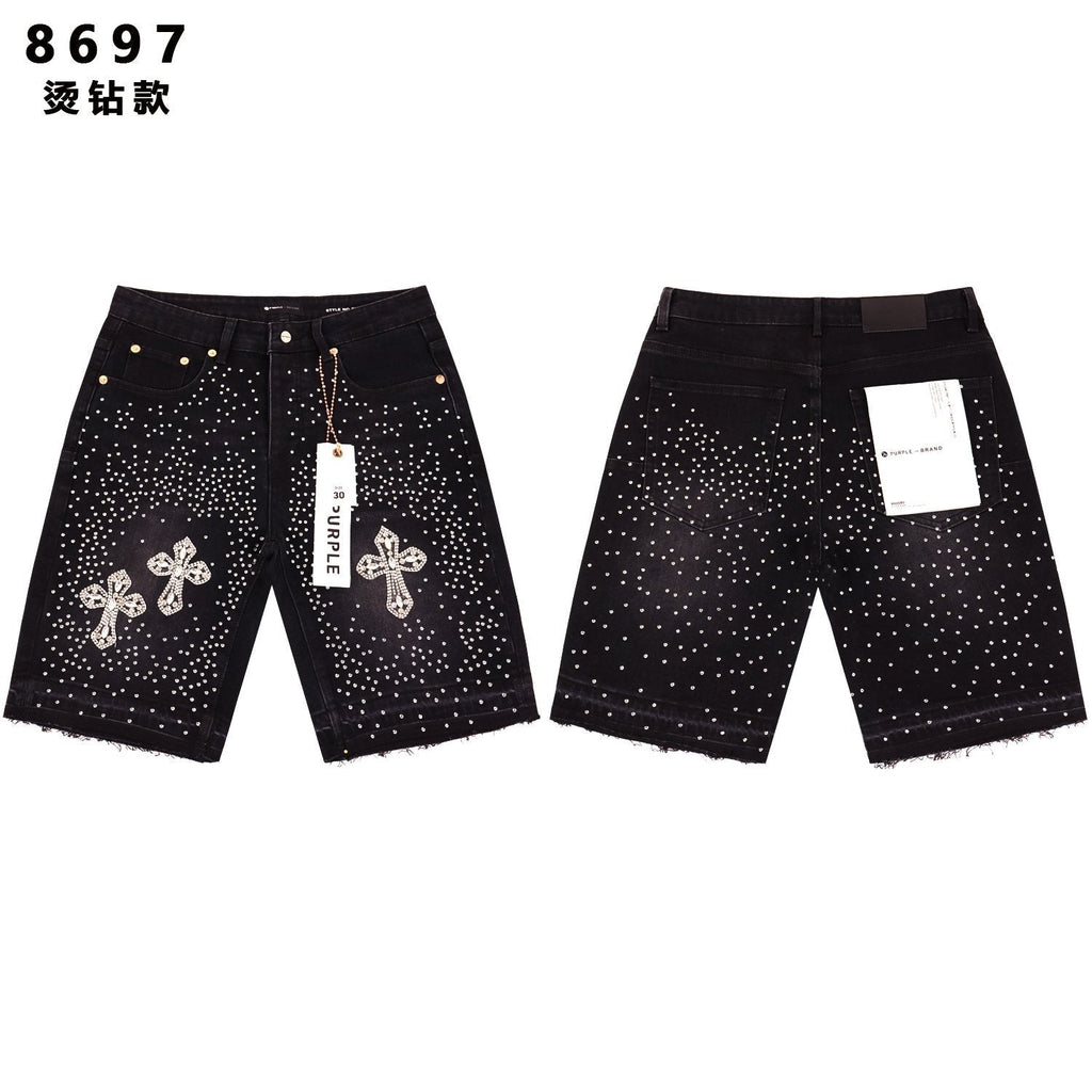 PURPLE Rhinestone Bow Cross Denim Shorts