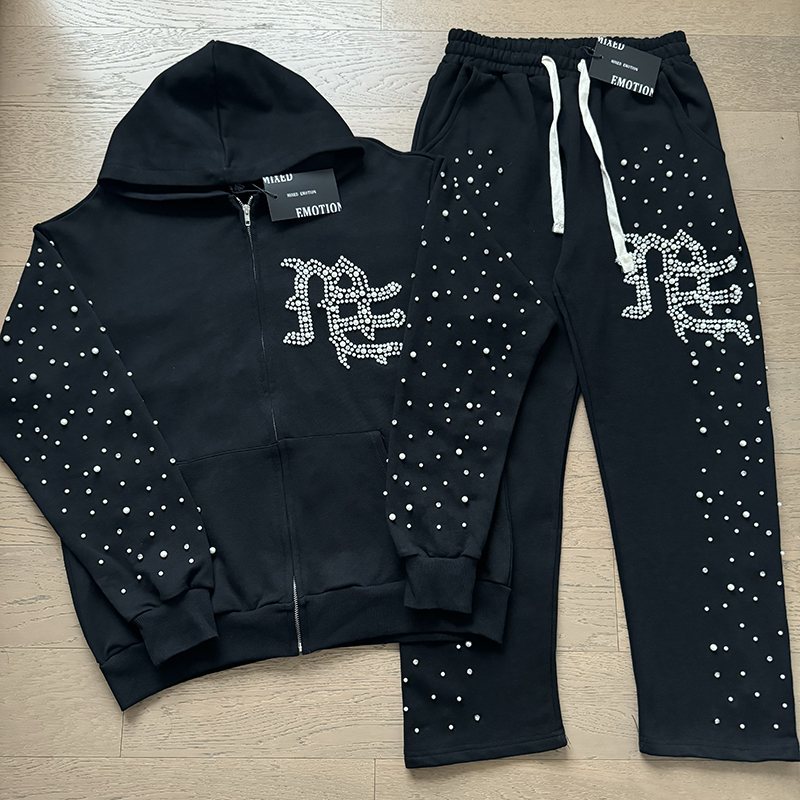 MIXED EMOTION Rhinestone Graphic Zip Hoodie & Sweatpants Set
