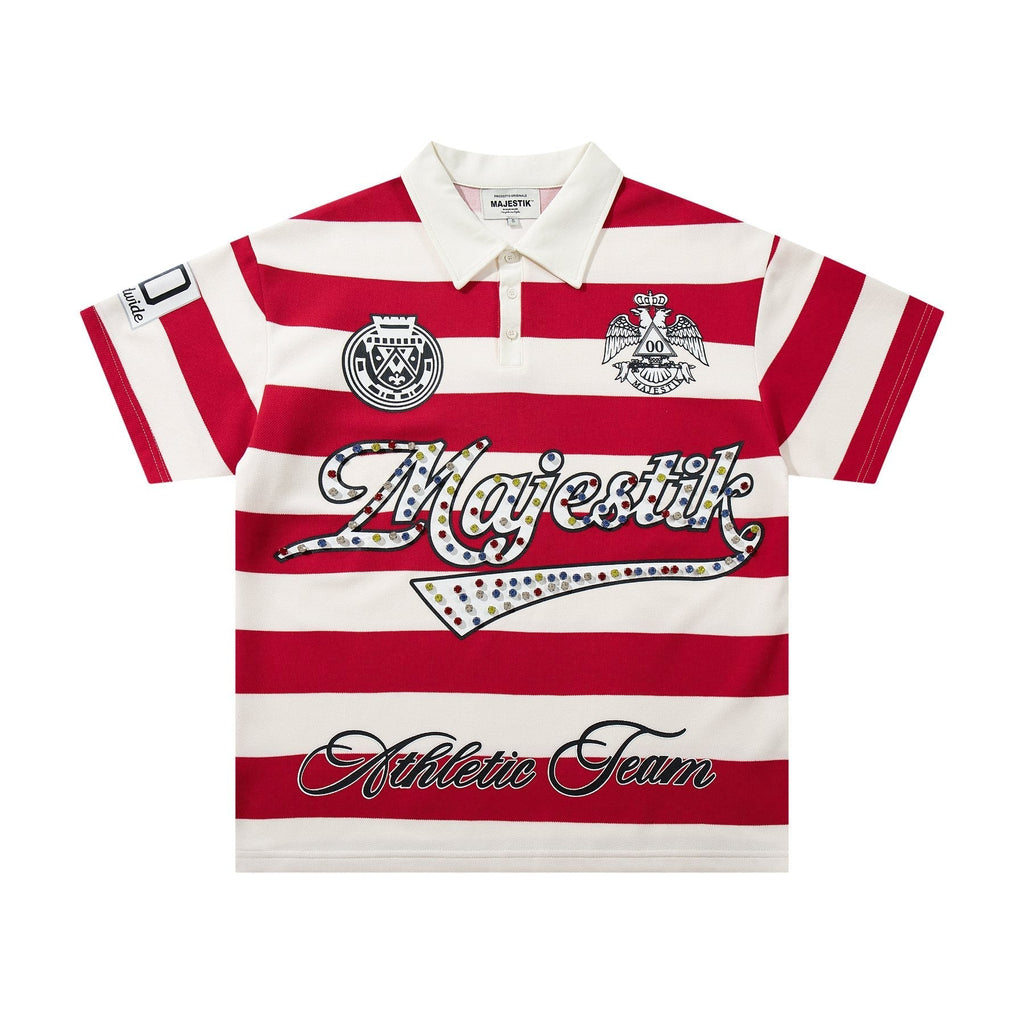 MAJESTIK Striped Crest Graphic Polo Shirt