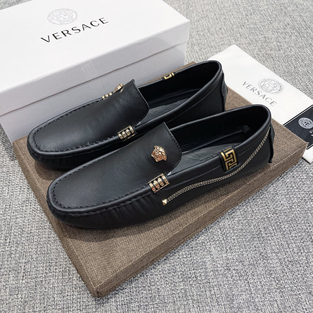 Versace Black Leather Loafers with Gold-Tone Accents