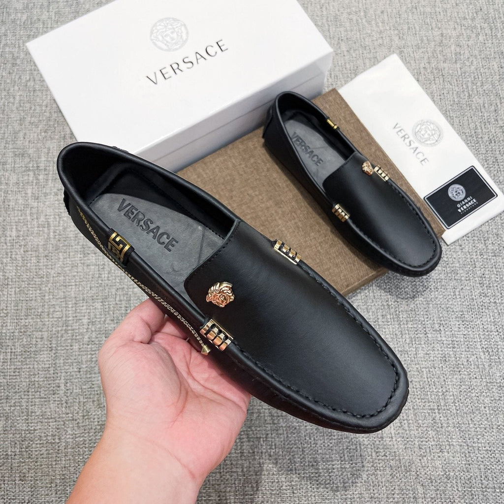 Versace Black Leather Loafers with Gold-Tone Accents