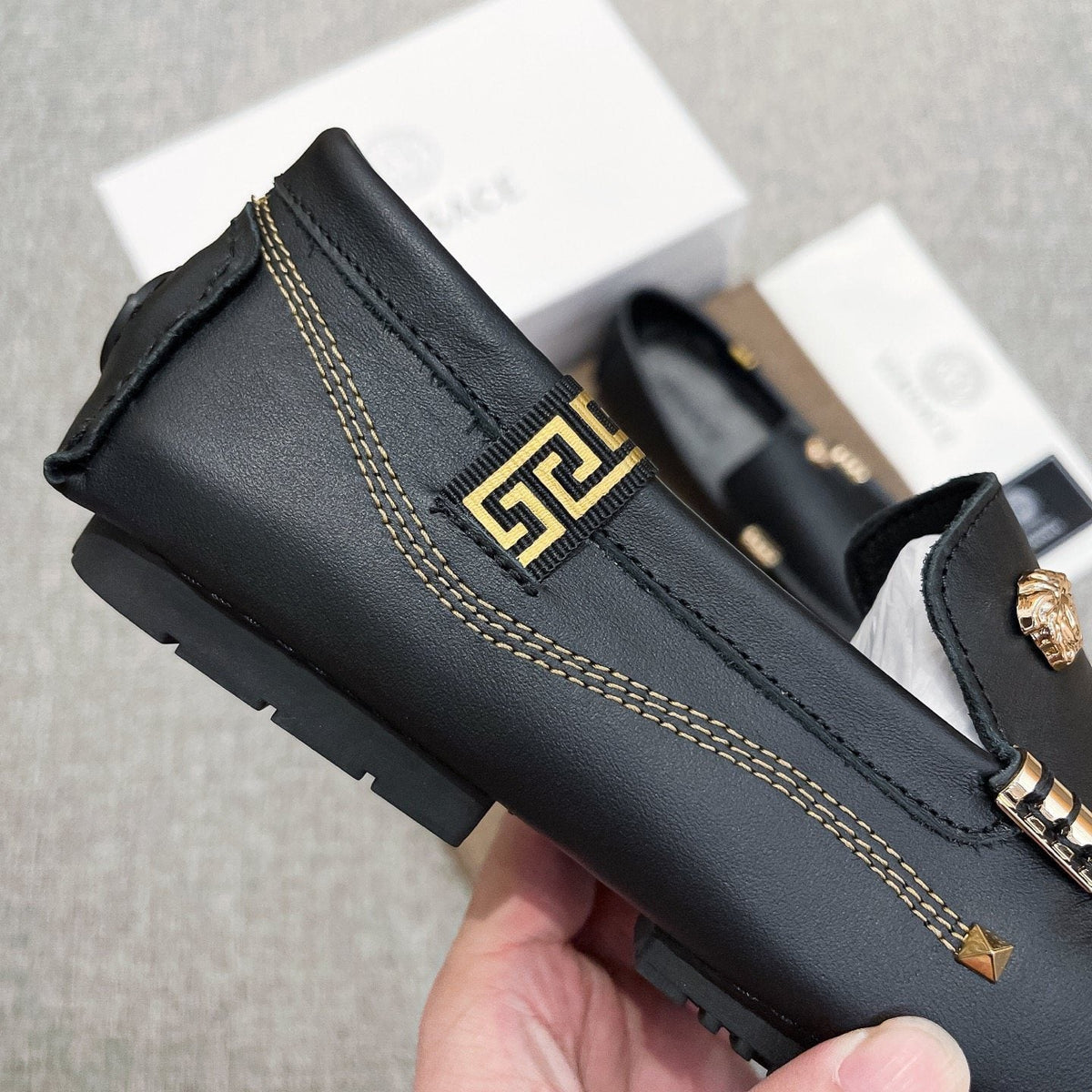 Versace Black Leather Loafers with Gold-Tone Accents