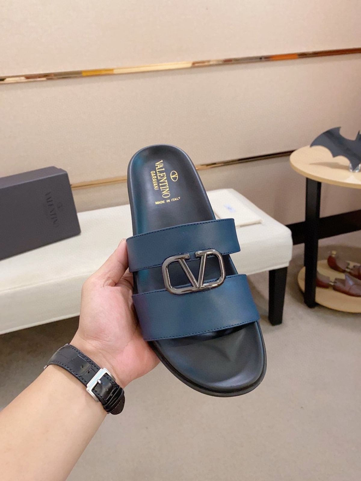 Valentino Men's Navy Blue Buckle Slide Sandals