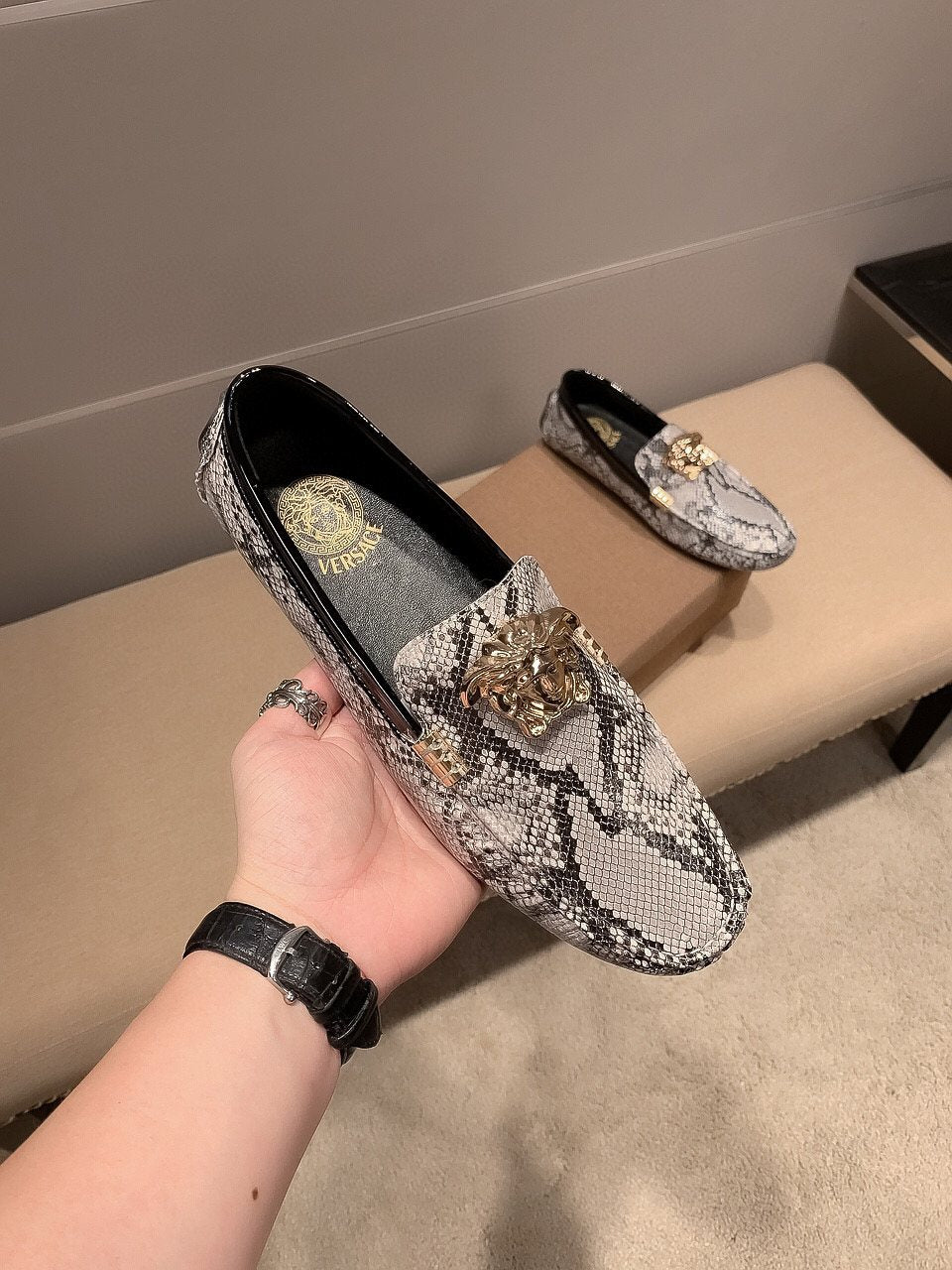 Versace Men's Gray Snakeskin Slip-On Loafers