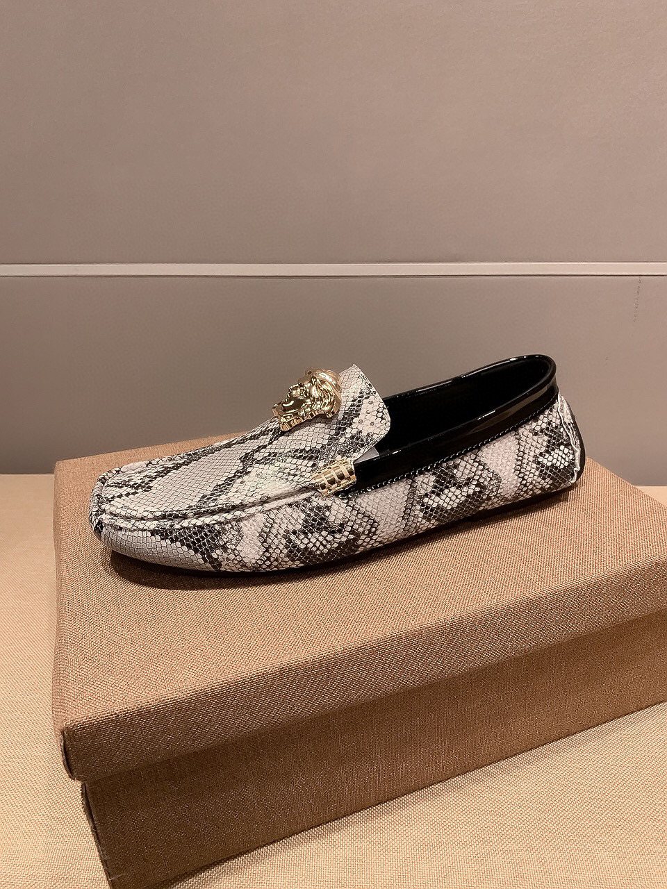 Versace Men's Gray Snakeskin Slip-On Loafers