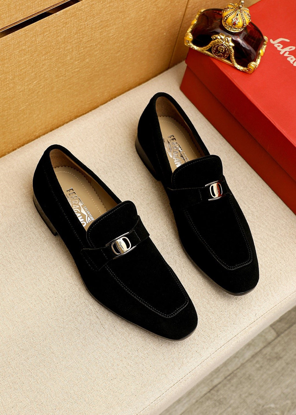 Ferragamo Men's Black Buckle Slip-On Loafers