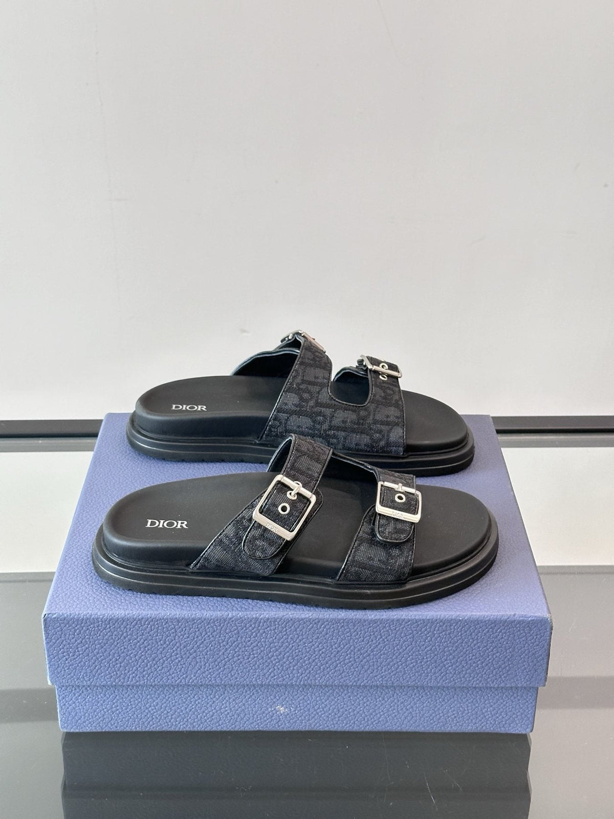 Dior Men's Buckle Strap Slide Sandals - Black and Charcoal Gray