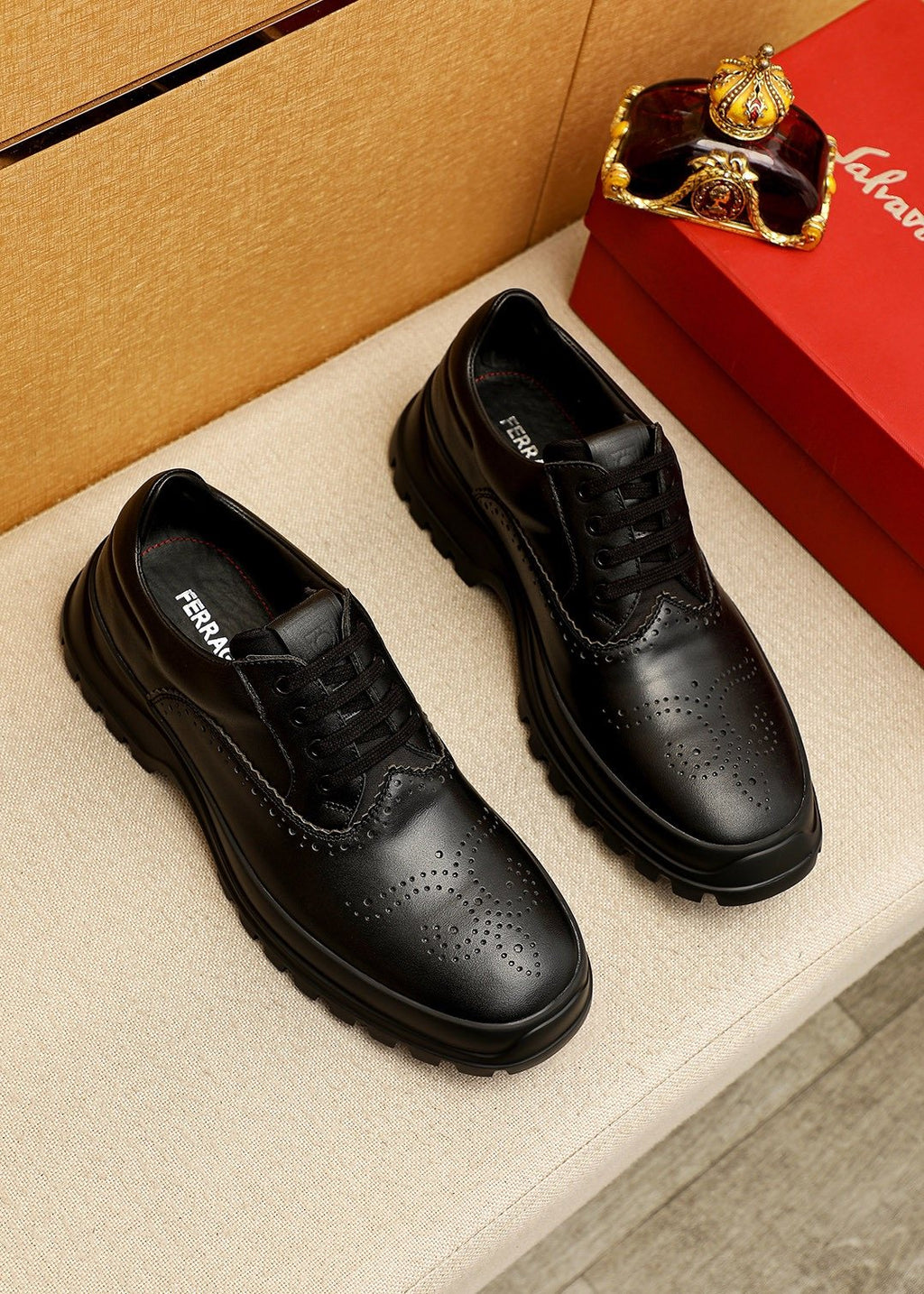Ferragamo Black Perforated Lace-Up Shoes - Treaded Sole