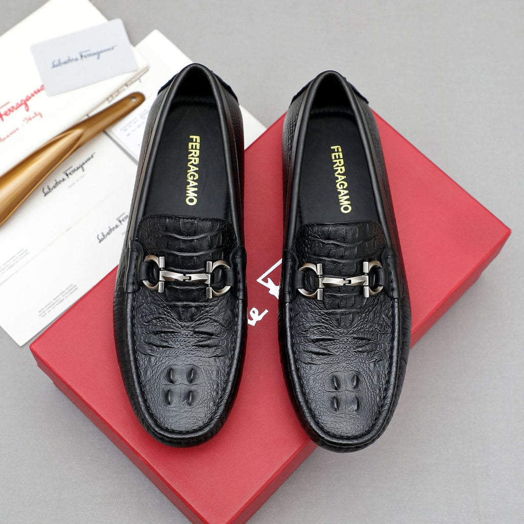 Ferragamo Men's Black Textured Loafers