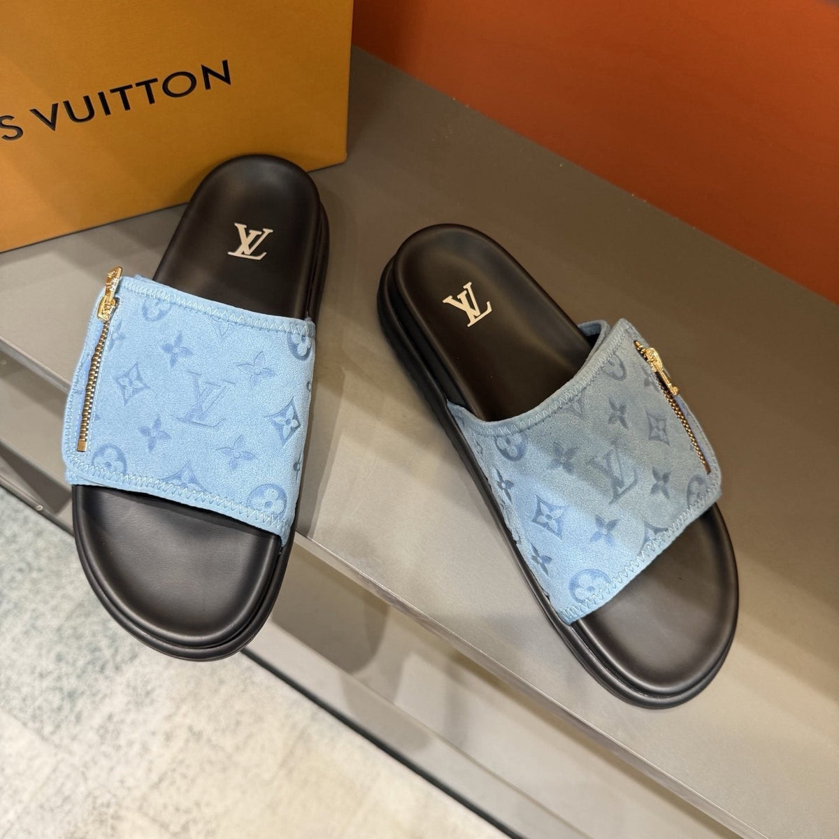 Louis Vuitton Light Blue Zip-Accent Slide Sandals