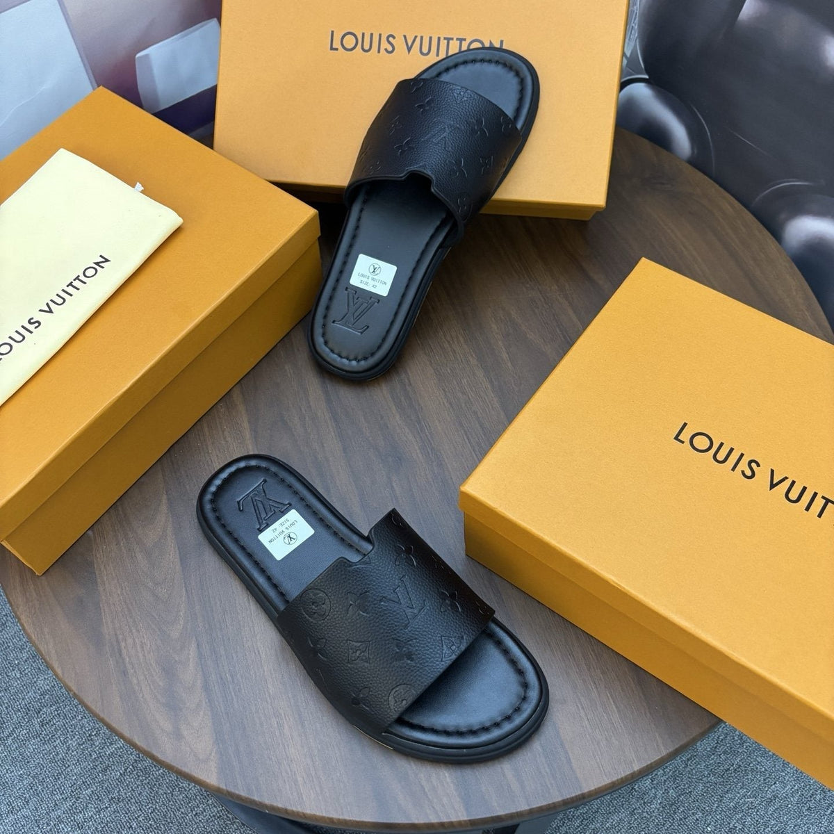 Louis Vuitton Men's Black Embossed Strap Slide Sandals