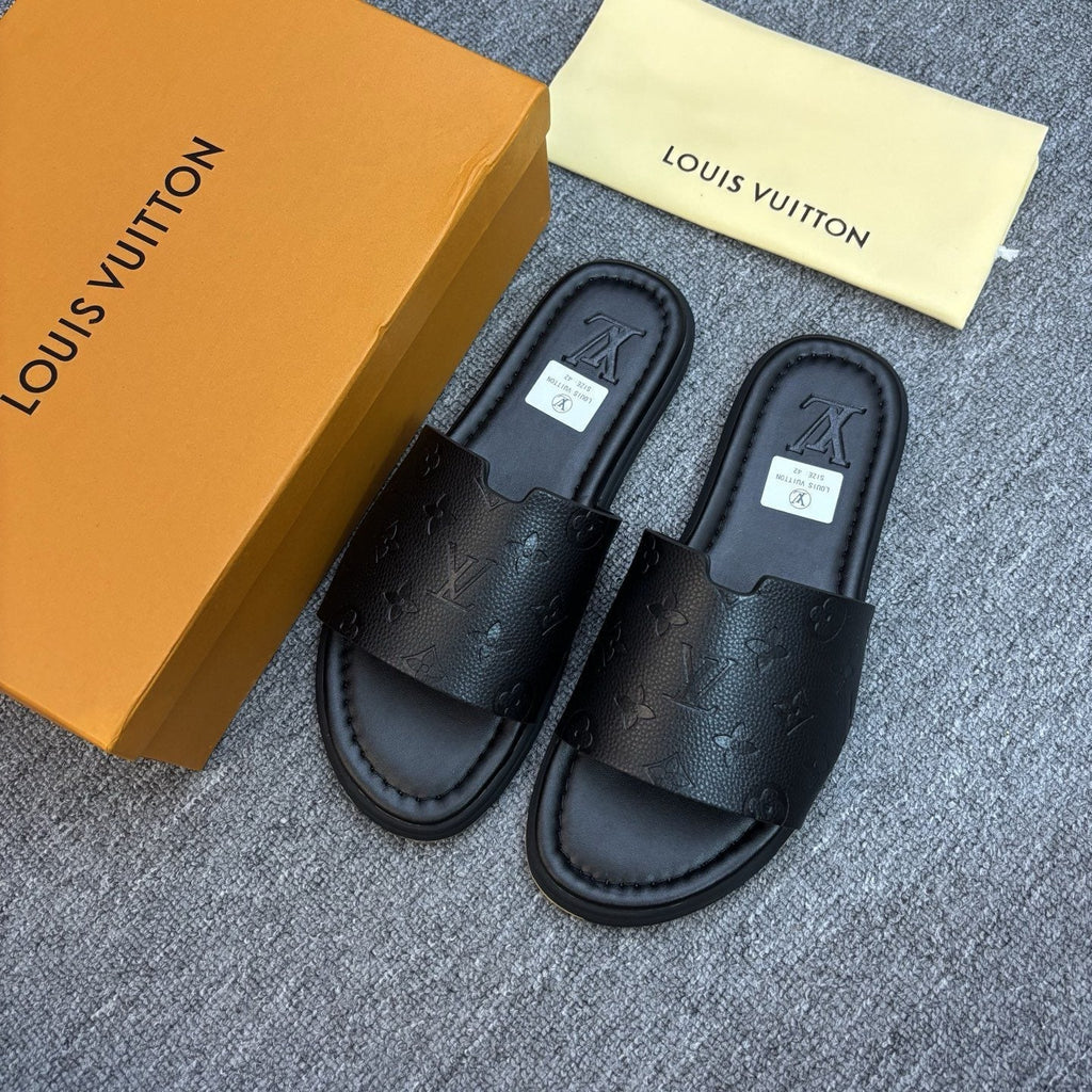 Louis Vuitton Men's Black Embossed Strap Slide Sandals