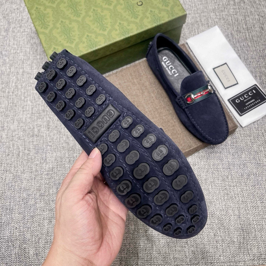 Gucci Navy Striped-Bit Driving Loafers