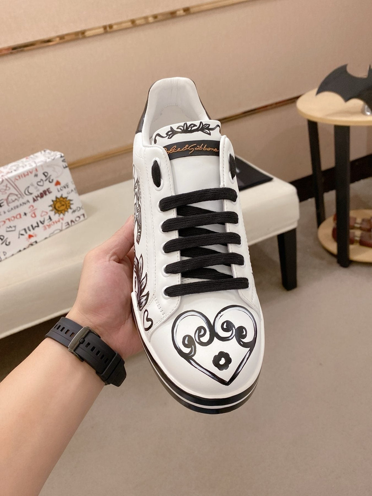 Dolce & Gabbana White Graphic Lace-Up Sneakers