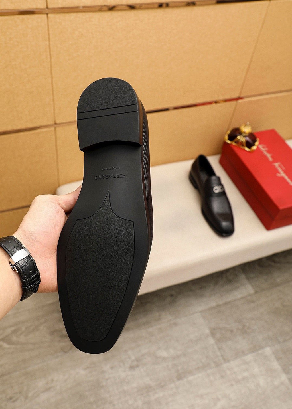 Ferragamo Black Textured Leather Loafers - Rubber Outsole