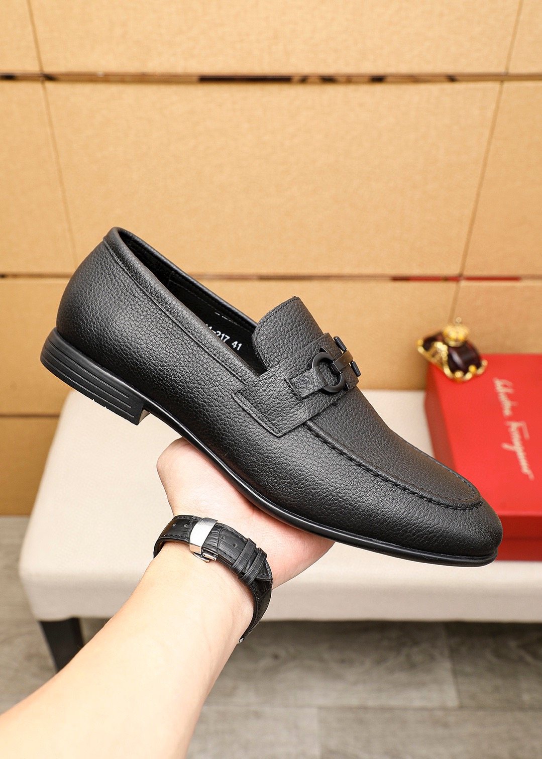 Ferragamo Textured Metal-Strap Loafers