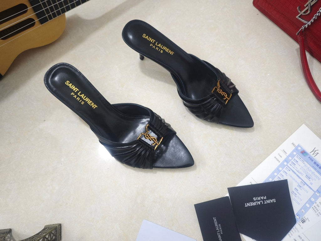 Saint Laurent Women's Ruched Logo Mule Heels