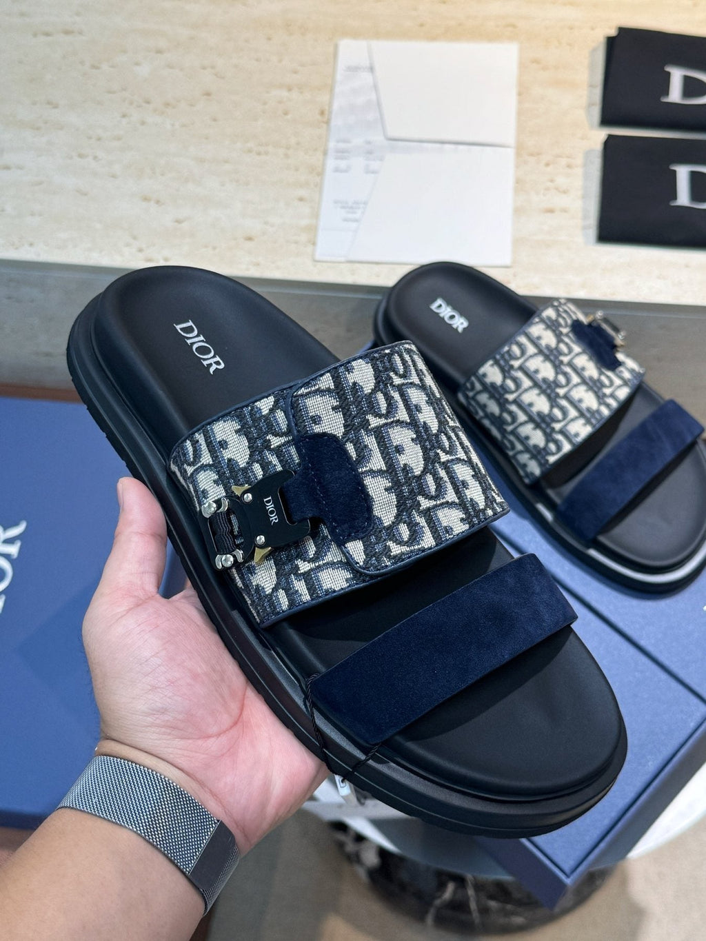 Dior Men's Aqua Monogram Slide Sandals