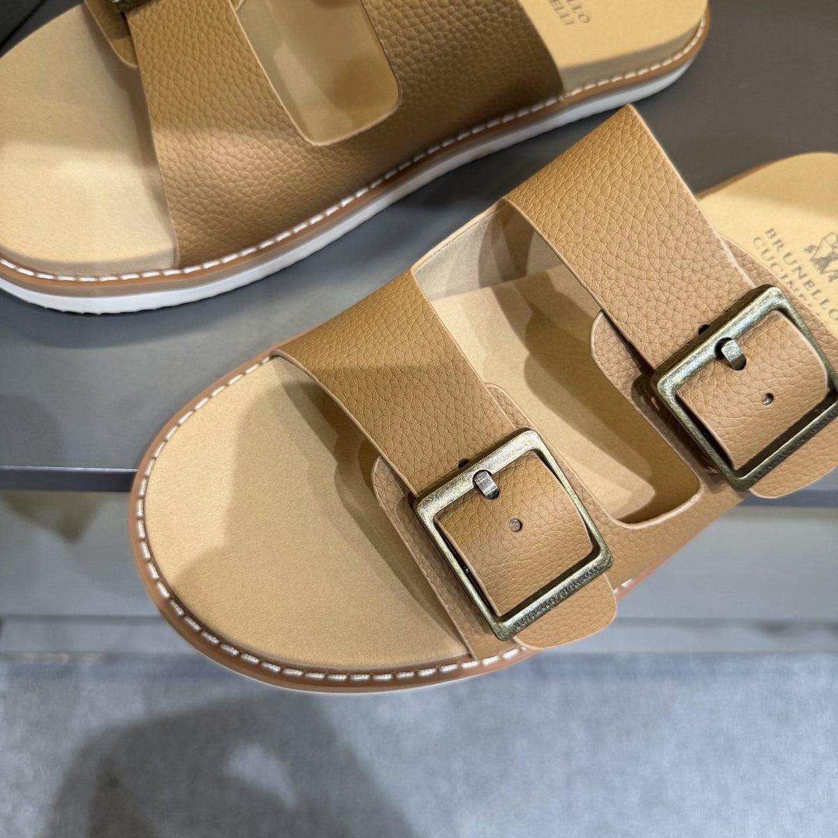 Brunello Cucinelli Men's Double-Buckle Slide Sandals - Contrast Stitching