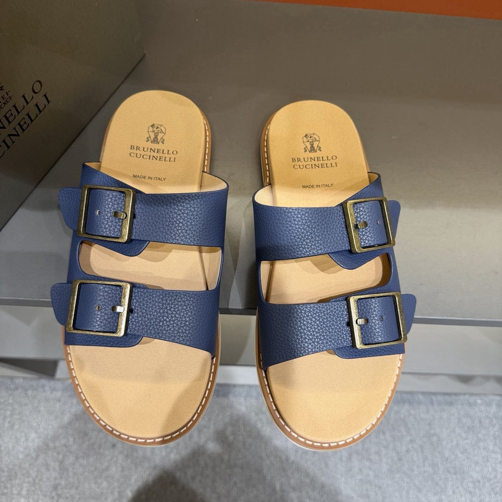 Brunello Cucinelli Men's Double-Buckle Slide Sandals - Contrast Stitching