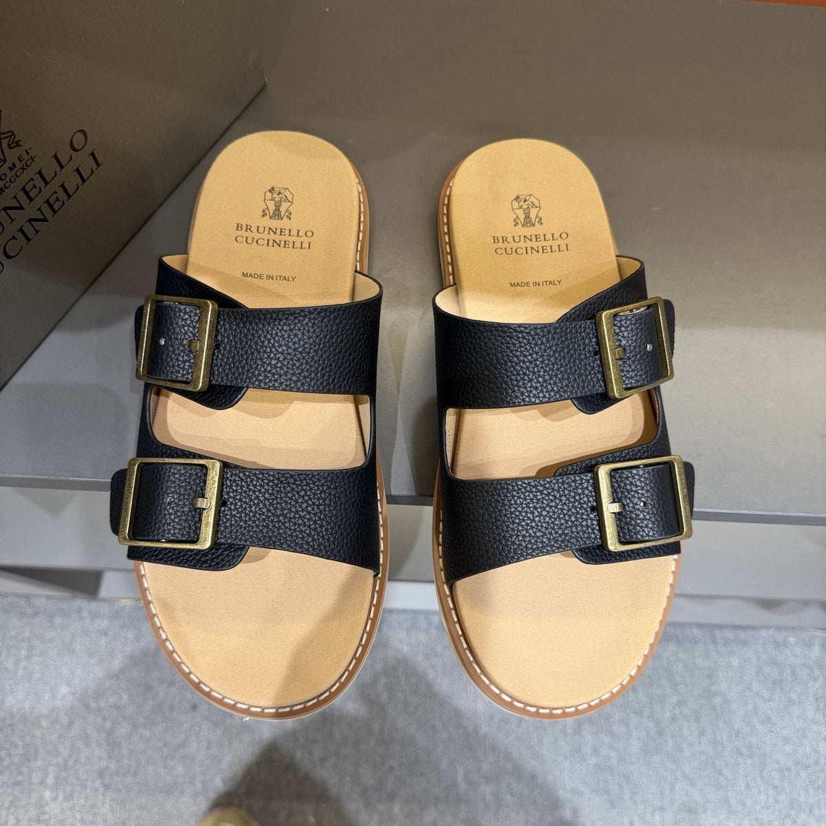 Brunello Cucinelli Men's Double-Buckle Slide Sandals - Contrast Stitching