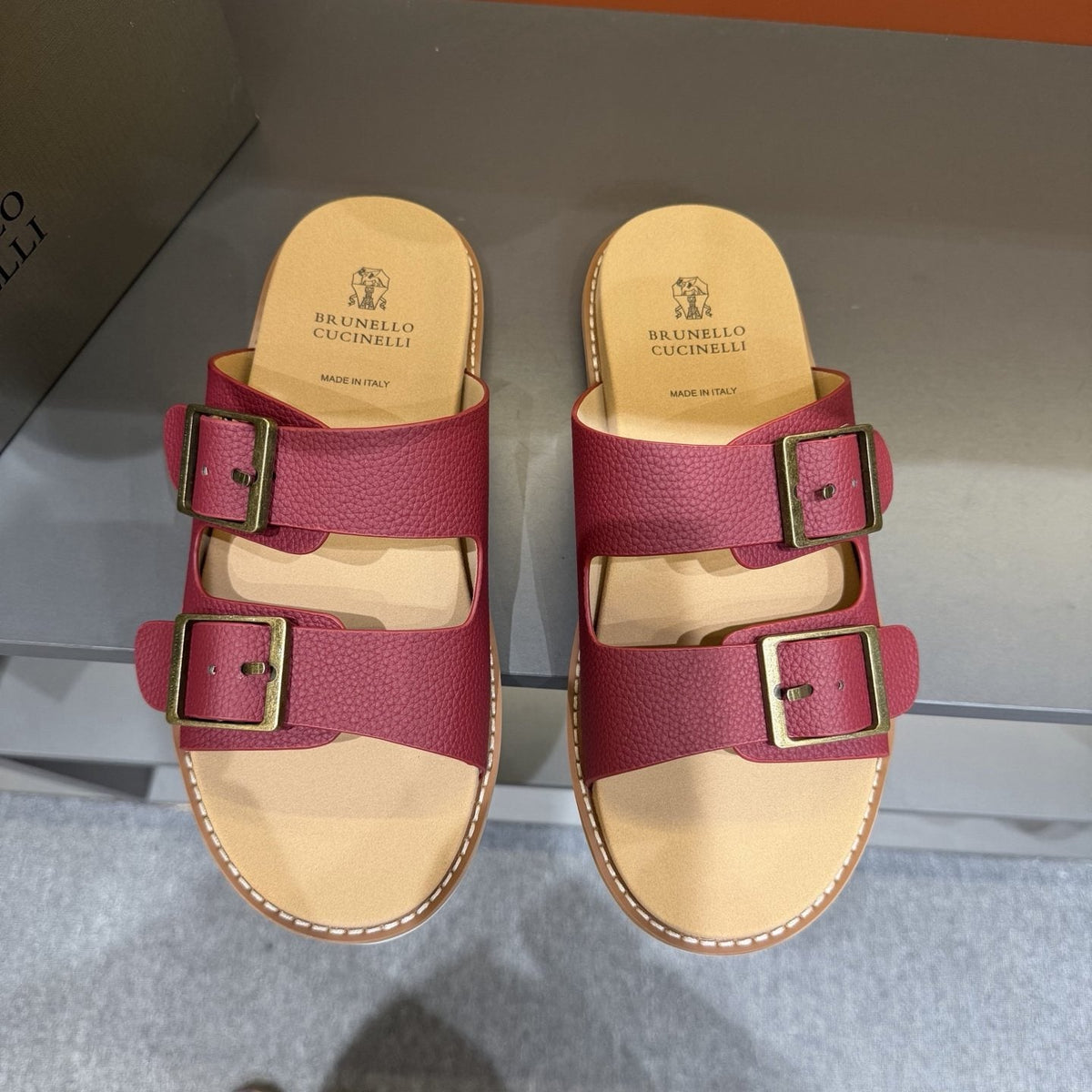 Brunello Cucinelli Men's Double-Buckle Slide Sandals - Contrast Stitching