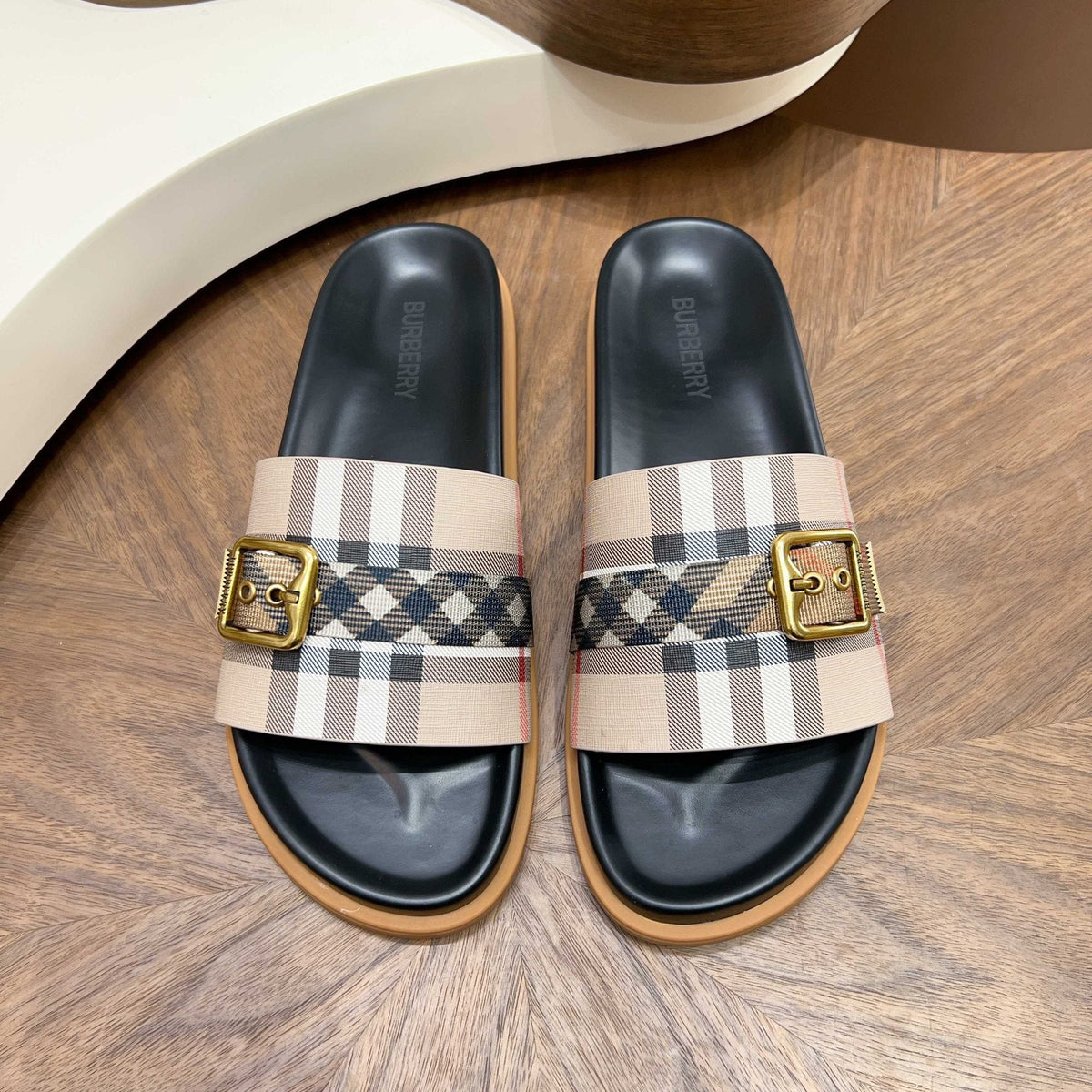 Plaid Buckle Slide Sandals