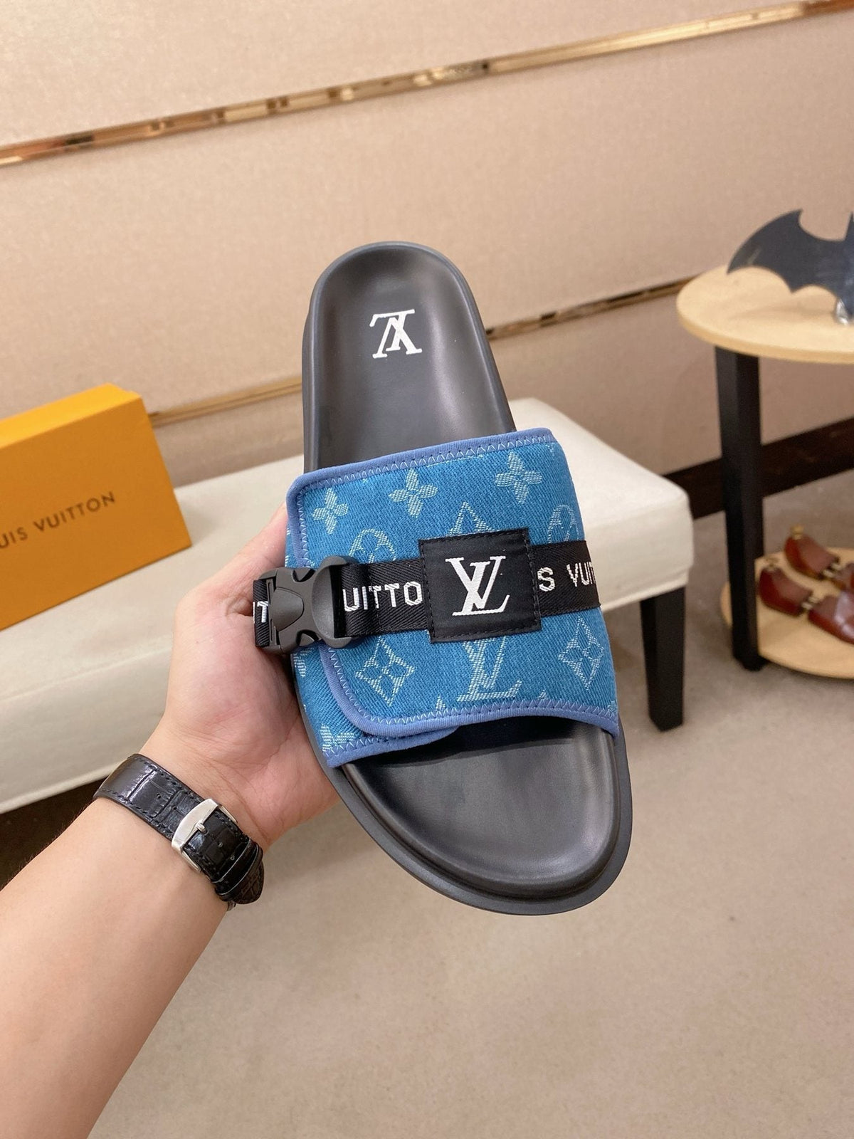 Louis Vuitton Men's Monogram Buckle Slide Sandals