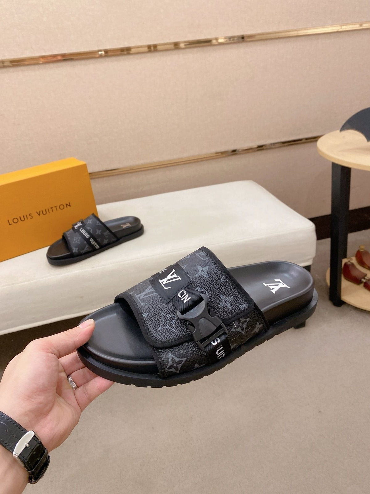 Louis Vuitton Men's Monogram Buckle Slide Sandals
