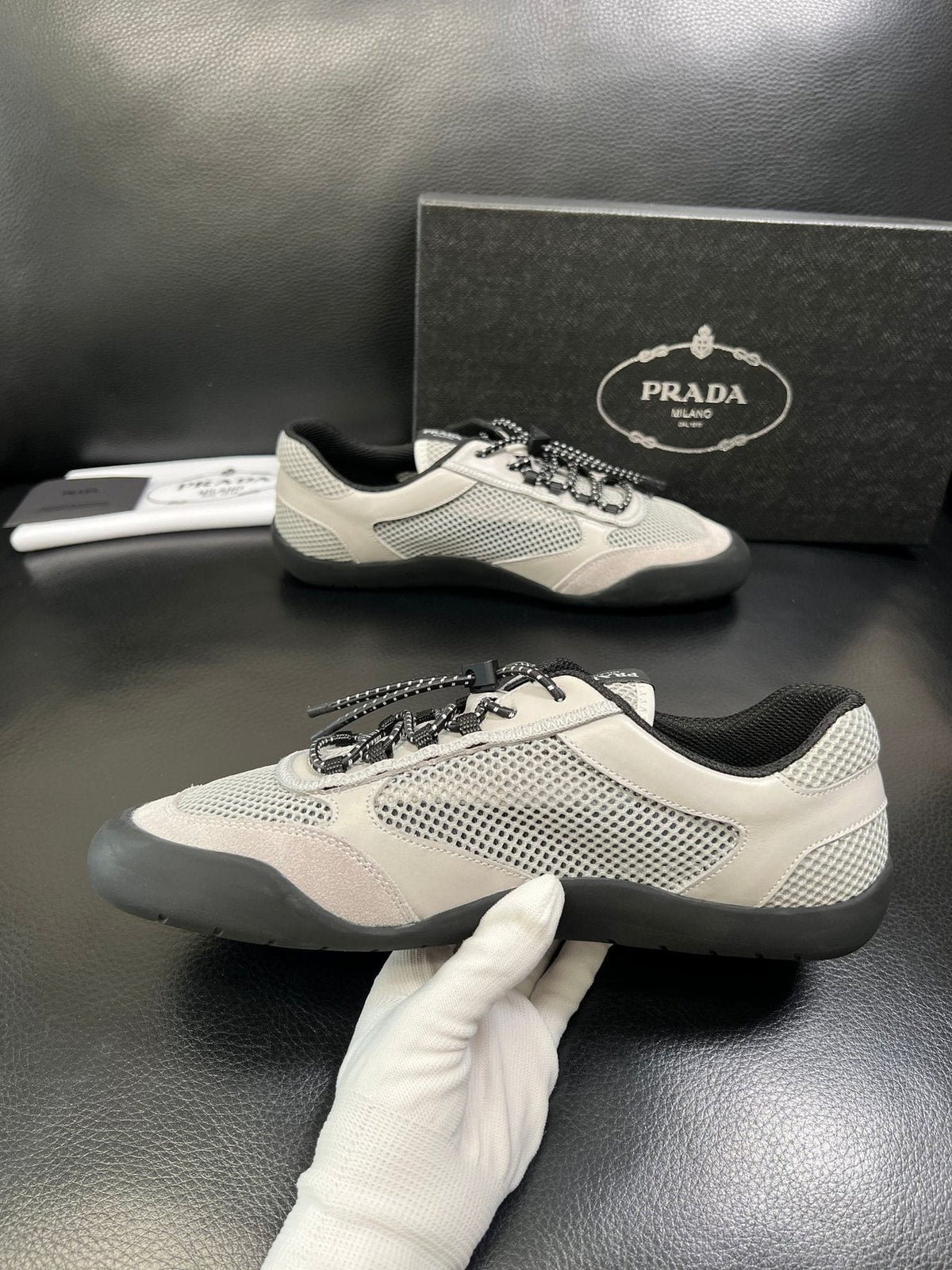 Prada Men's Off-White Perforated Sneakers